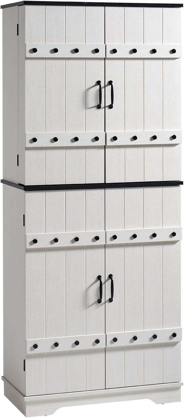 VanAcc 72" Tall Farmhouse Kitchen Pantry Cabinet with Door Organizer & Adjustable Shelves, Wooden Storage Cupboard with Drawer and Barn Doors for Kitchen, Dining Room, Living Room, Distressed White