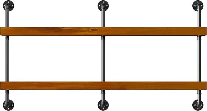 Industrial Wine Rack Wall Mounted, Solid Wood Shelf with Metal Pipe Brackets, 2-Tier Rustic Hanging Organizer for Wine Bottle Storage in Kitchen, Bar, Pub, Cellar(Walnut Brown, 60 Inch)