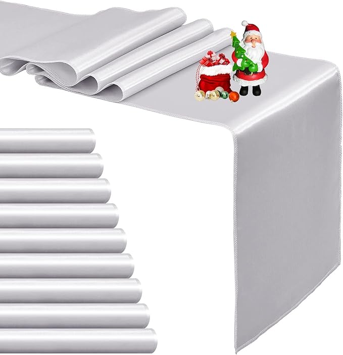 10-Pack Silver Satin Table Runner 12 x 108 Inch Long Bright and Smooth Silk Fabric Table Runner for Wedding Banquet Birthday Party Decoration