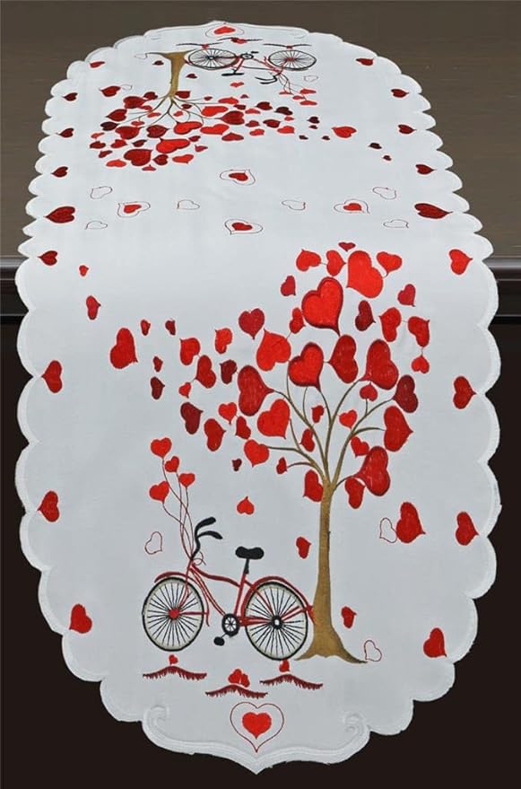 Creative Linens Embroidered Red Hearts Bike Table Runners, Tablecloths for Valentine's Day, Mother's Day, Wedding, Anniversary Decoration ( 15x34 Table Runner)