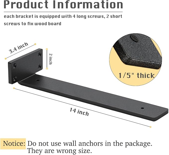 8 Pack Shelf Brackets 14 Inch Floating Shelf Bracket 1/5 inch Thick Heavy Duty Hidden Shelf Brackets Iron Metal Brackets for Shelf Support with Screw Included