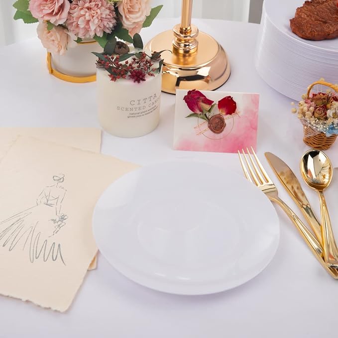Hioasis 100pcs White Plastic Plates for Party - 7.5" Dinner Plates Disposable, Heavy -duty, Classy and Elegant for Wedding and New Year