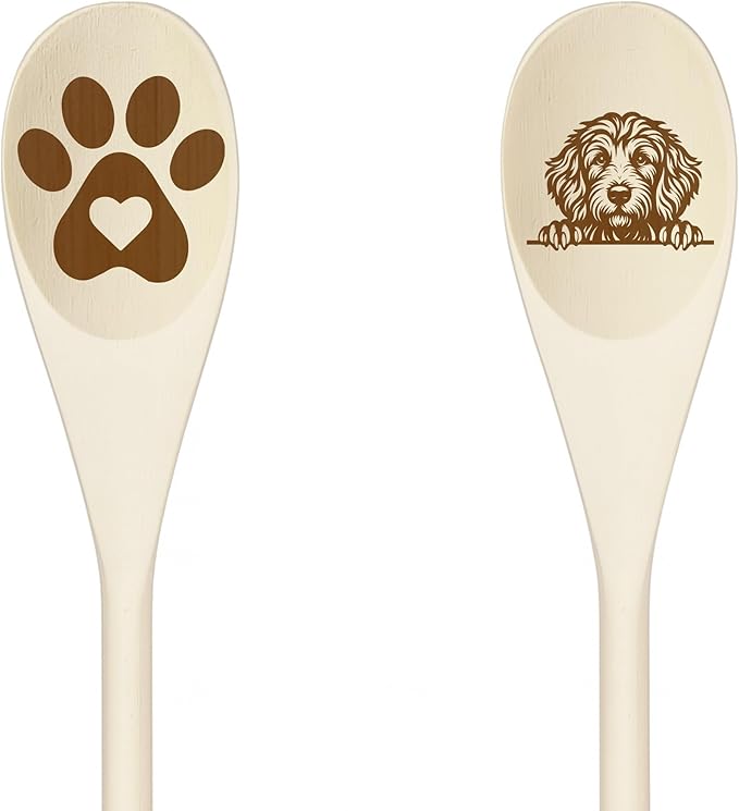 GOLDEN DOODLE Wooden Spoons for Cooking, Serving or Decorative Kitchen Utensils Set Dog Lover Dog Mom/Dad Gift with Peeking Dog Designs, Paw Print and Dog Head, Kitchen Utensils Set of 2