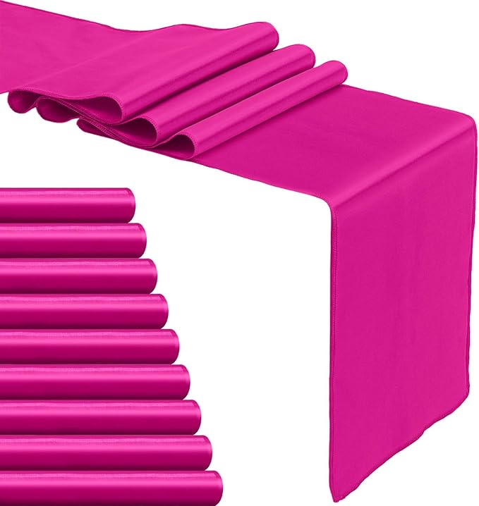 10-Pack Hot Pink Satin Table Runner 12 x 108 Inch Long Fuchsia Bright and Smooth Silk Fabric Table Runner for Wedding Banquet Birthday Party Decoration