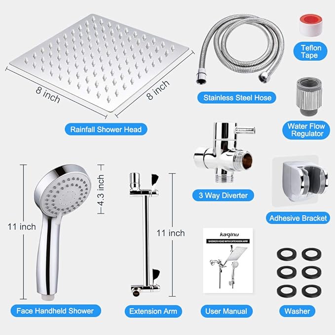 Shower Head , 8 Inch High Pressure Rainfall Shower Head / Handheld Showerhead Combo with 11 Inch Extension Arm, Anti-leak Shower Head with Holder/ Hose, Flow Regulator, Chrome