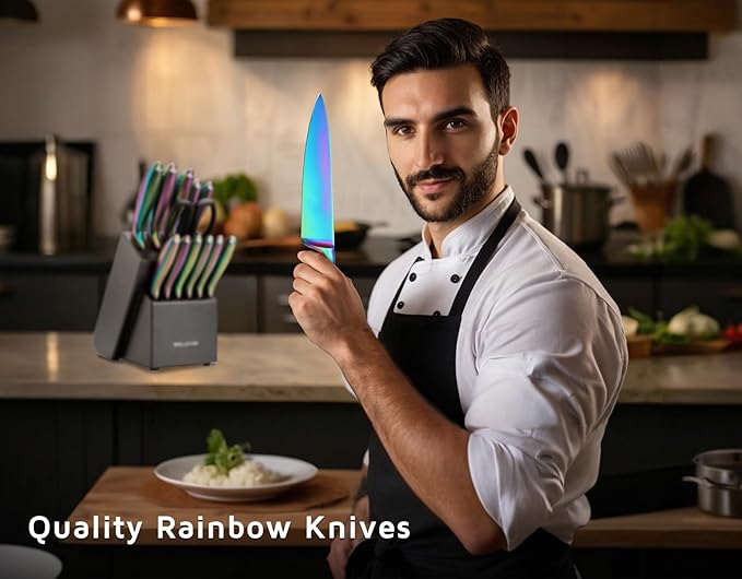 WELLSTAR Rainbow Knife Set 14 Pieces, Iridescent German Stainless Steel Kitchen Knives Set with Wooden Block, Colorful Titanium Coating, Chef?셲 Knife Block Set with Scissors and Built-in Sharpener