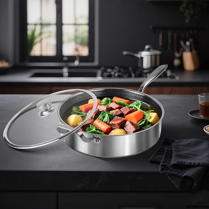 Frying Pans Nonstick wih Lid, Non Stick Tri-Ply Stainless Steel Saute Pan, 8 Quarts Large Saut챕 Pan, 13.5 Inch Induction Cooking Pan, Dishwasher and Oven Safe, PFOA Free