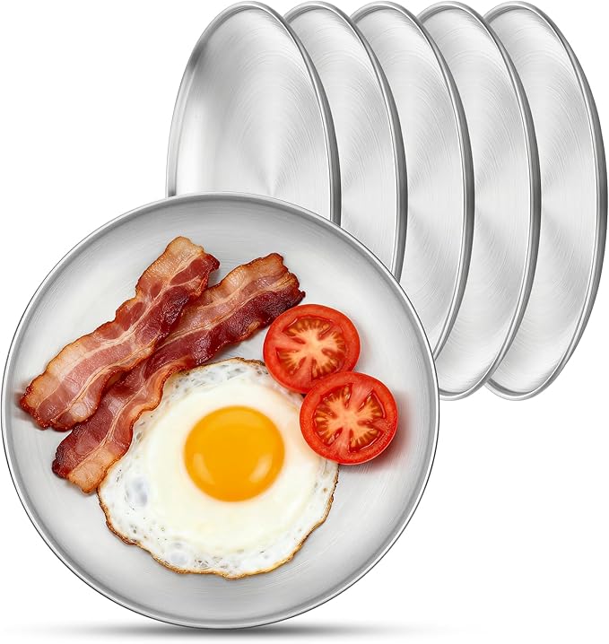 6 Stainless Steel Plates, 7.8 inch Small 201 Metal Camping Plate, Reusable Food Serving Dishes Snack Eating Round Shatterproof Brushed Finish Silver Dish for Dinner Oven Dishwasher Safe