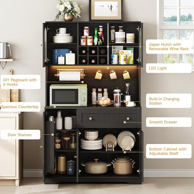 ONBRILL 71" Kitchen Pantry Cabinet with Microwave Shelf & Door Shelves, Kitchen Hutch with Outlet & LED Light, Wood Pantry Storage with DIY Pegboard & 6 Hook, Modern Cabinet with Drawer & Wine Rack
