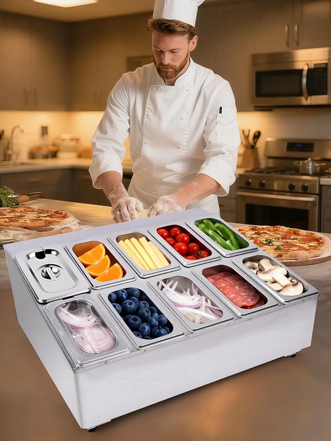 Lanstics Pizza Topping Station 10 Pans Pizza Storage Container Topping containers with Lids Spoon Condiment Organizers Buffet Containers Set for Restaurant Pizza Sauce Jam Fruit Ingredient
