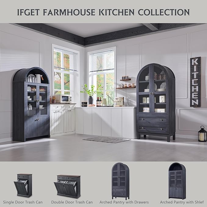 71" Tall Arched Kitchen Pantry Cabinet, Wood Kitchens Storage Cabinets with 2 Large Drawers and Adjustable Shelves, Modern Farmhouse Versatile Cupboard for Kitchen, Dining Room, Bathroom, Grey