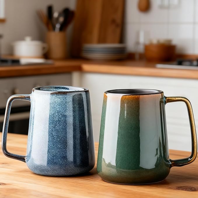 Extra Large Tall Coffee Mugs with Handle - Set of 2, 24 oz Ceramic, Dishwasher & Microwave Safe, Blue and Green