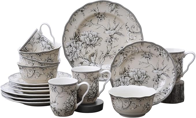222 Fifth Adelaide 16-Piece Traditional Antique White Porcelain Dinnerware Set ??Service for 4, Romantic Bird & Floral Design, for Everyday Dining & Entertainment, Microwave & Dishwasher Safe