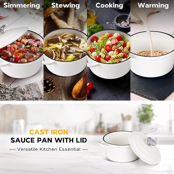 Onader 1QT Sauce Pan, Enameled Cast Iron Saucepan Dutch Oven Pot with Lid, Small Cooking Sauce Pot, Nonstick & Oven Safe ??White
