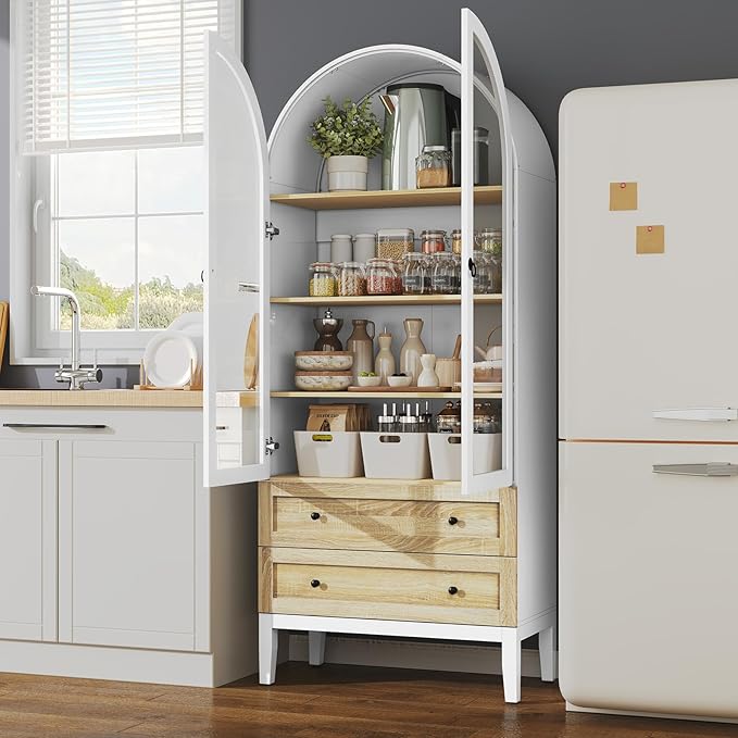 HLR 71" Tall Arched Storage Cabinet, Modern Farmhouse Kitchen Pantry Cabinet with Glass Doors and 2 Drawers, Versatile Display Cabinet for Kitchen, Dining Room, Living Room