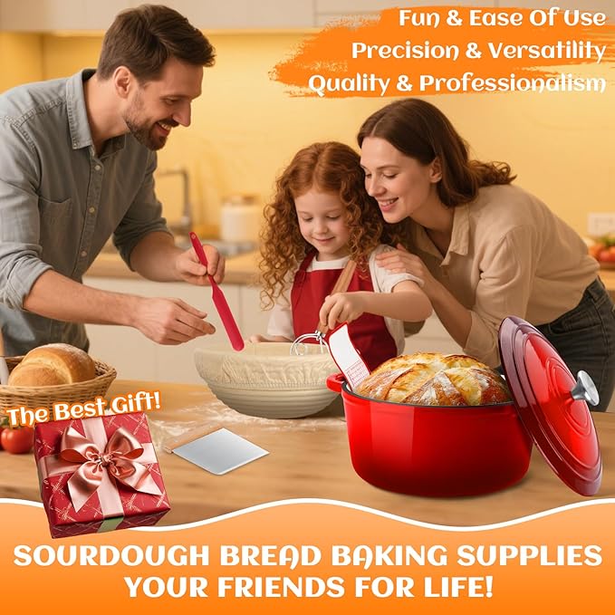 Enameled Cast Iron Dutch Oven Pot with Lid, Incl. Sourdough Bread Baking Supplies Like Banneton Bread Proofing Basket, Starter Jar, Scoring Tool Lame, 5QT Dutch Oven for Bread Baking, Oven Safe up to 500째F