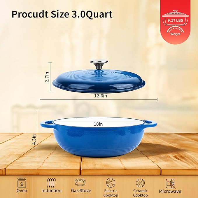 Enameled Cast Iron Dutch Oven Pot with Lid, 3 Quart Shallow Dutch Oven, Oven Safe up to 500째 F, Suitable for Bread Baking, Braising, Roasting, Stews, Blue