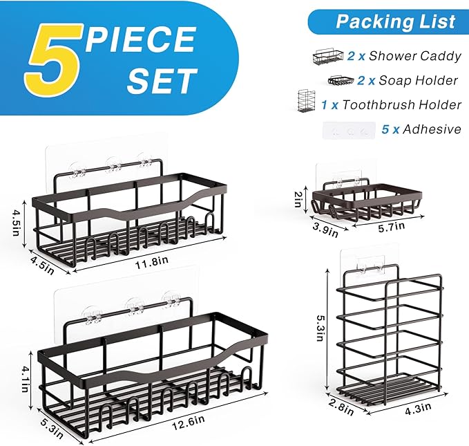 EUDELE 5-Pack Rustproof Stainless Steel Shower Caddy ??No Drill Adhesive Bathroom Organizer with Large Capacity, Spacious Shower Shelves for Inside Shower, Kitchen & Home Decor Storage-XL Size