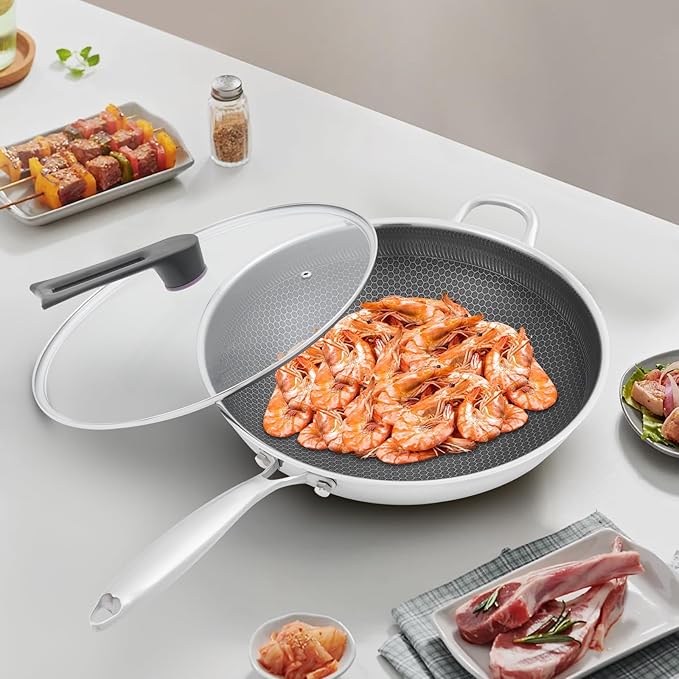 SUS 316 Stainless Steel Wok, Nonstick Frying Pan & Skillet with Lid, Induction Compatible Cookware, Honeycomb Wok Pan for Stir-Frying Saut챕ing Home Kitchen Camping Cooking (36cm)