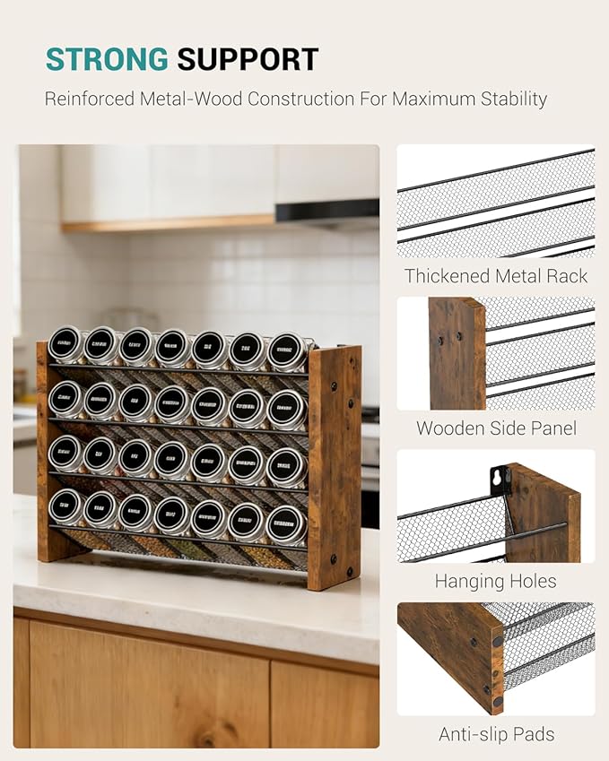 NESAPTO Spice Rack Organizer for Cabinet, Wooden 4 Tier Vertical Seasoning Organizers for Kitchen Pantry, Countertop/Wall Mount, Holds 28 Spice Jars (No Jars Included), 14" W 횞 9.4" H