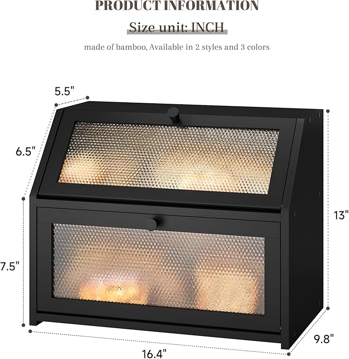 Bread Box for Kitchen Countertop Bin Double Layer Bread Box Storage Container Extra Large Capacity Farmhouse with Diamond Pattern Windows (Black, Large)