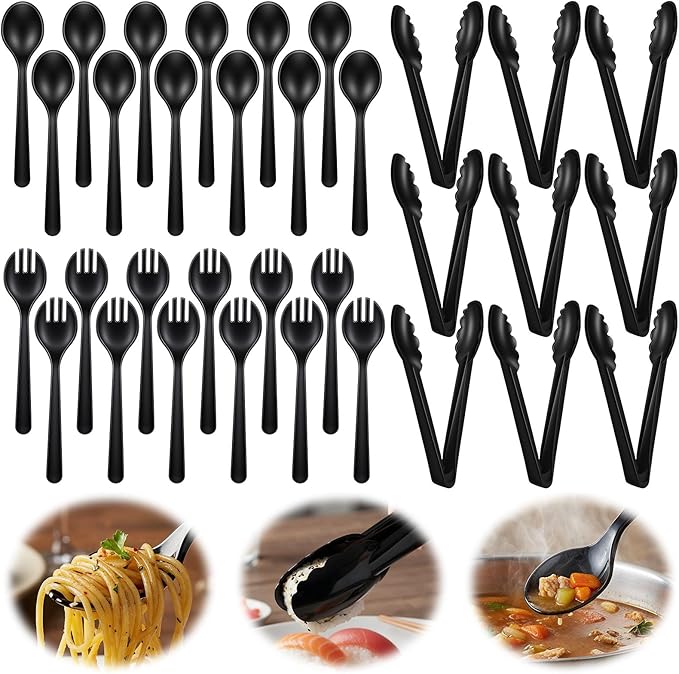 36 PCS Disposable Serving Utensils, Black Plastic Spoons Forks Tongs 12 Set Heavy Duty Party Utensils Set for Restaurant Buffet Wedding Banquet Dinner Party Salad Soup Noodles