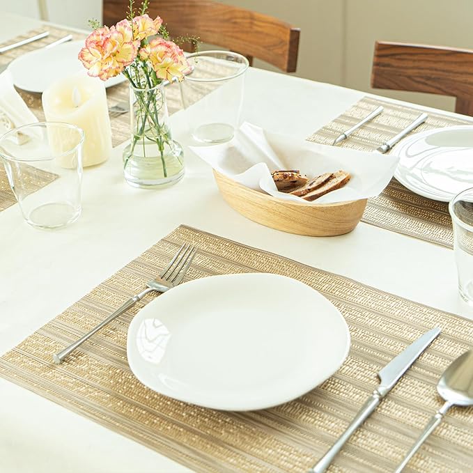 SUMYMERY Placemats Set of 8 Vinyl/Plastic Woven Place Mats for Kitchen Table Indoor/Outdoor Washable Placemat Wipeable Dining Table Mats (Aurora Gold,8)
