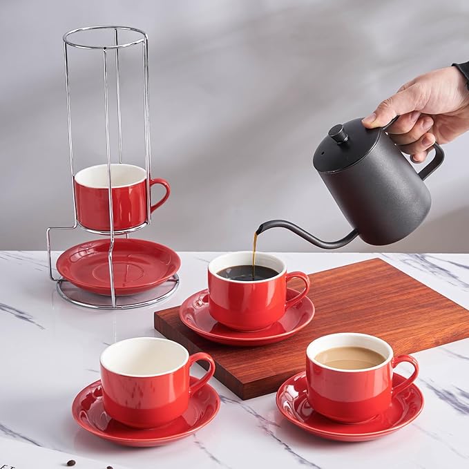 8oz Porcelain Cappuccino Cups with Saucers and Metal Stand, Stackable Coffee Cups for Specialty Coffee Drinks, Cappuccino, Latte, Espresso, Americano and Tea - Cups Set of 4, Red