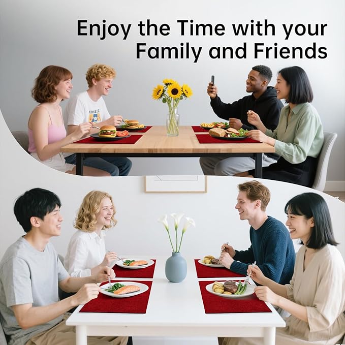 Blue Forest | Rectangular Faux Linen Placemats Set of 6 | Dual- Layered Thickened for Durability | Heat Resistant | Machine Washable | Wrinkle Free for Easy Care Indoor/Outdoor Use - Red