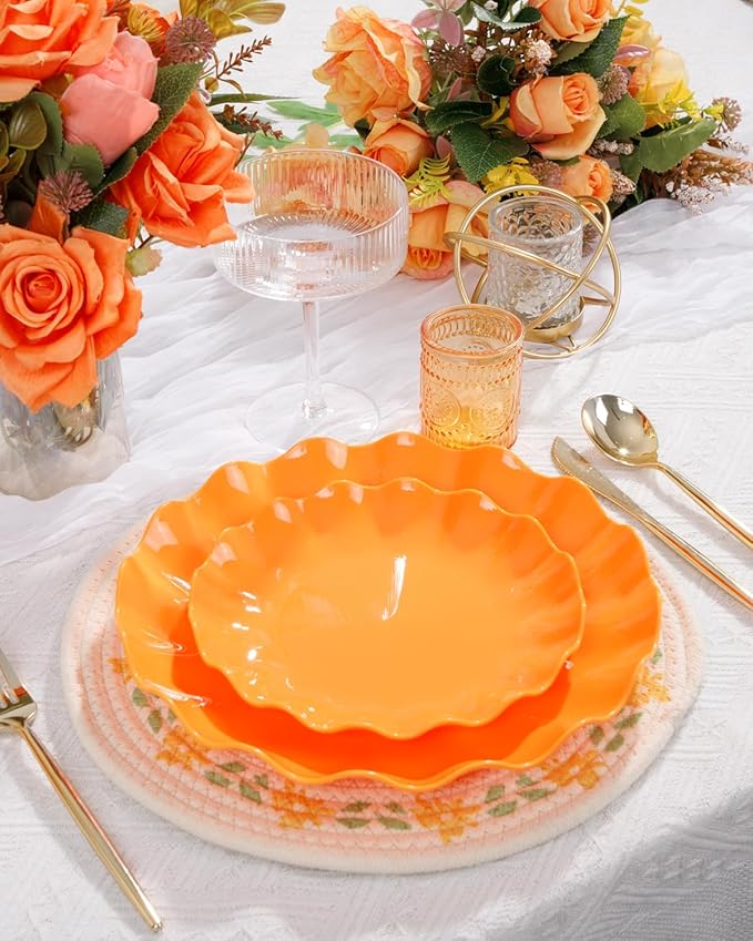 LIYH 20 Pcs 7.5 Inch Orange Plastic Plates Reusable - Unbreakable Dessert Scalloped Plates-Dishwasher Safe for Halloween & Thanksgiving Party BPA Free