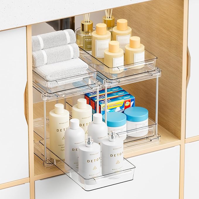 Yieach 2 Pack 2 Tier Pull Out Drawers for Medicine Cabinet Organizer,Bathroom Under Cabinet Storage,12.1??Deep Pantry and Medicine Shelf Organizer for Toiletry Product,Vitamin Bottle and Supplement