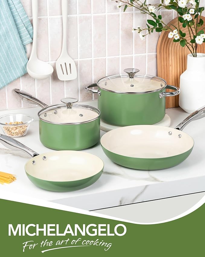 MICHELANGELO Pots and Pans Set Non Stick - Ceramic Cookware Set Non Toxic, 8-Pcs Nonstick Pots and Pans with Ergonomic Handle, Dishwasher Safe & Induction Compatible, Green