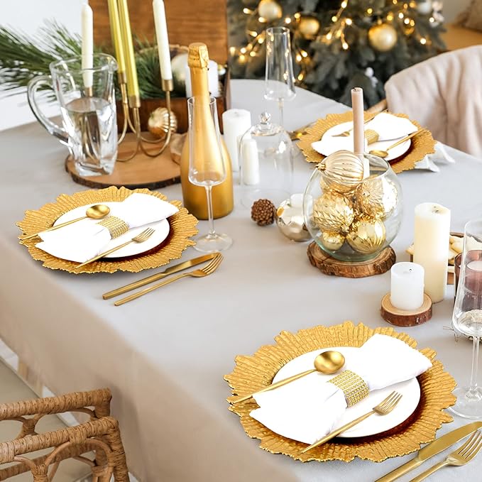 Tanlade 100 Pcs Reef Charger Plates Bulk 13 Inch Plastic Wedding Chargers Floral Decorative Plates with Metallic Ruffled Rim for Wedding Party, Holiday Event Supplies(Gold)