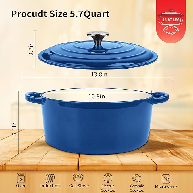 Enameled Cast Iron Dutch Oven Pot with Lid, 5.7 Quart Dutch Oven for Bread Baking, Oven Safe up to 500째 F, Suitable for Bread Baking, Braising, Roasting, Stews, Blue