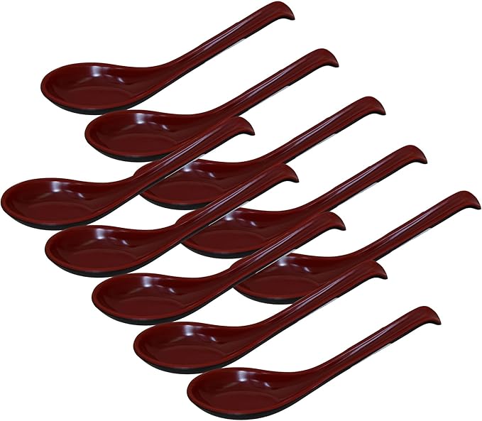 Kitchen 6.25" Soup Spoons, Set of 10, Asian Melamine Ramen Spoons, Red/Black