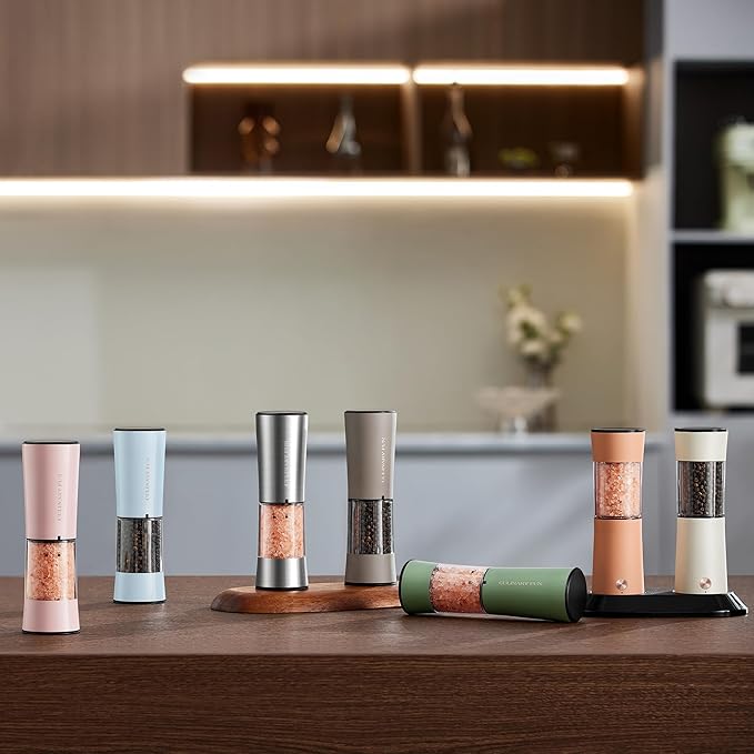 Gravity Electric Salt and Pepper Grinder Set with USB-C Charging Base,Rechargeable Automatic Stainless Steel Pepper Mill Grinder with LED Light, 2pack+Peach Orange (Morning Haze+Petal Pink)