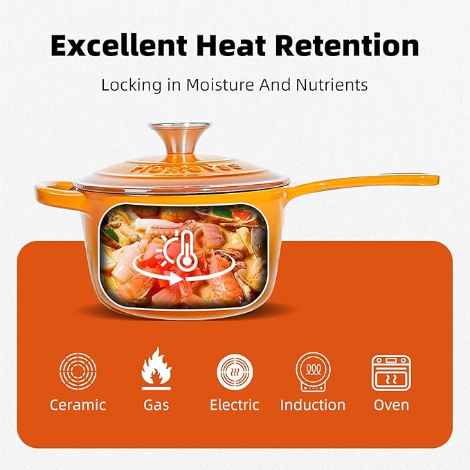 1.75QT Enameled Cast Iron Sauce Pan, Enameled Saucepan with Lid, Small Dutch Oven Cooking Kitchen Pot, Nonstick & Heavy Duty for Cooking Pasta Sauce, Gravy, Puddings, Marinate, Boiling - Orange