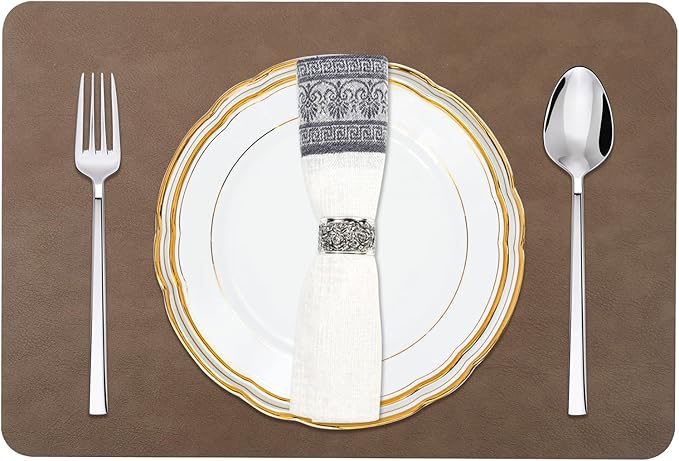 EDanle Cowhide Pattern Faux Leather Placemats Set of 6,Heat Resistant Non-Slip Waterproof Wipeable Washable Kitchen Dining PU Table Place Mats,Double-Sides Available,Dark Brown