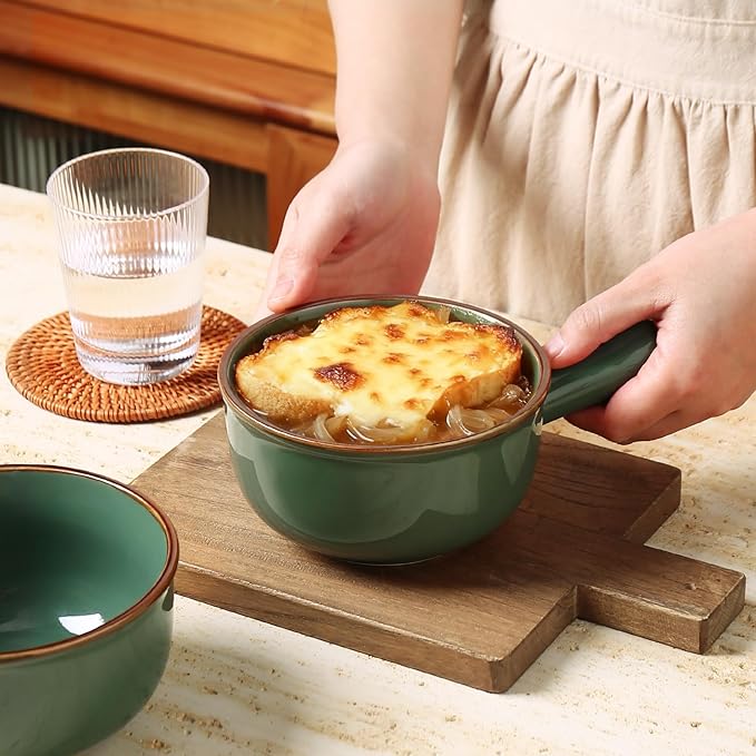 MONITO 28 Oz French Onion Soup Bowls, Ceramic Soup Bowls with Handles, Stackable Soup Crocks, Oven/Microwave/Dishwasher Safe, for Cereal, Soups, Casseroles, Dark Green