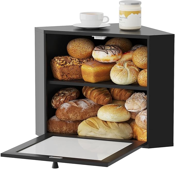 Black Corner Bread Box for Kitchen Countertop - Bamboo Wood, Wavy Acrylic Door, Adjustable 2-Layer Bread Storage Container, Large Bread Holder