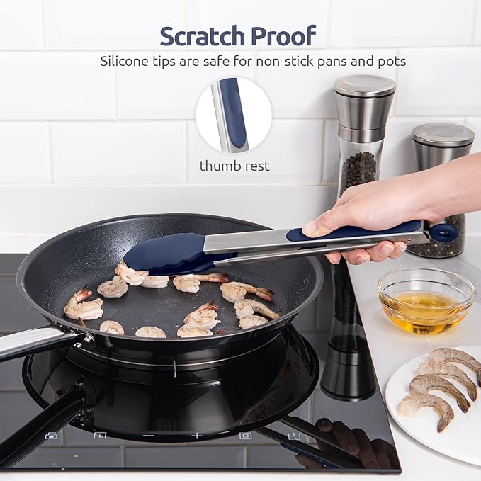 600쨘F Heat Resistant Kitchen Tongs: U-Taste 12 inch Large Silicone Cooking Tong with Non Stick Rubber Tips & Silicon Coated 18/8 Stainless Steel Handle & Smooth Lock for Serving Grill (Midnight Blue)