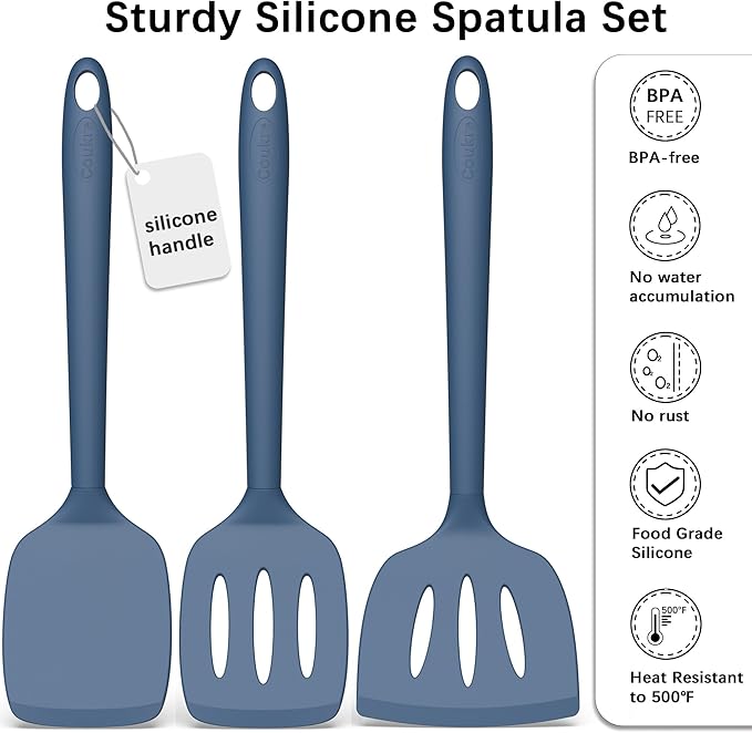 Coukre 3 Pack Silicone Spatula Set, High Heat Resistant, BPA-Free, Fish Spatula, Solid & Slotted Turner for Non-Stick Pans, Flipping Eggs, Pancakes, Fish, Burgers (3, PureNavy)