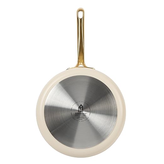 Bloomhouse - Two Time Oprah's Favorite Things Winner - 10 Inch Heavy Duty Aluminum Premium PFA Free Ceramic Nonstick Saute/Deep Frying Pan Skillet with Lid - Almond Cream w/Gold Handle