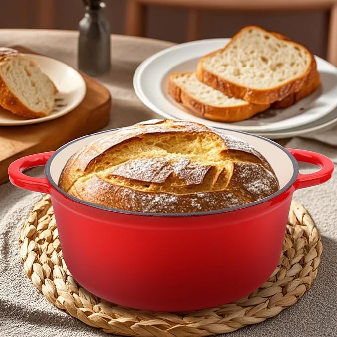 6 Quart Enameled Cast Iron Dutch Oven Pot with Lid and Silicone Accessories, Oven Safe up to 500째F or on Stovetop, Non-stick Dutch Oven for Bread Baking, Cooking, Dual Handles Cookware, Red