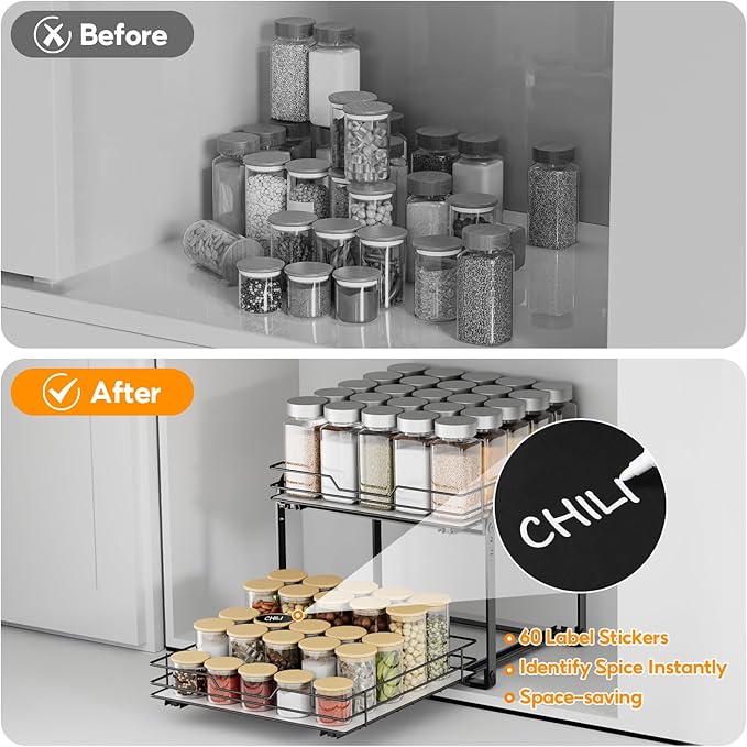 Spice Rack Organizer for Cabinet, 2 Tier Pull Out Spice Rack ??Heavy Duty Metal Spice Organization for Cabinet, 50-Jar Capacity, Height Adjustable Cabinet Organizer (11.5W" X 10.5"D X 9"H, Black)