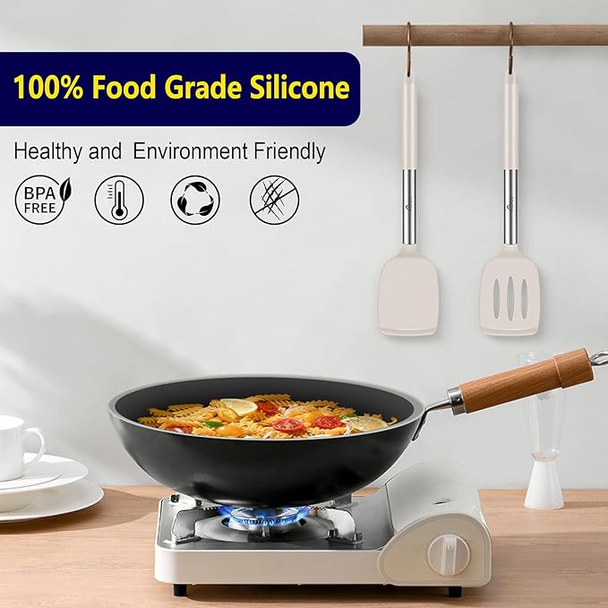 HOTEC Silicone Spatula Set of 2 Heat-Resistant 600째F & BPA-Free Kitchen SaptulaTurner with Stainless Steel Handles, Slotted & Solid Spatulas for Nonstick Cookware, 13.7 Inch, Khaki