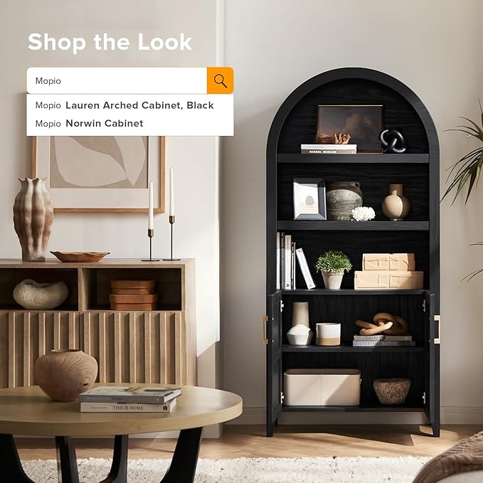 mopio Lauren 65.4" Short Arched Cabinet, 5-Tier Arched Bookcase with Doors and Shelves, Mini Arch Bookshelf with Storage, Wooden Storage Cabinet for Living Room and Kitchen Pantry (Set of 2, Black)