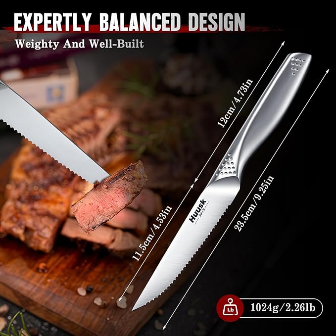 Huusk Serrated Steak Knives Set, 4.5" Japanese Stainless Steel Steak Knives Set of 12, Sharp Dishwasher Safe Dinner Knife for Kitchen Table, Christmas Gifts for Men Women
