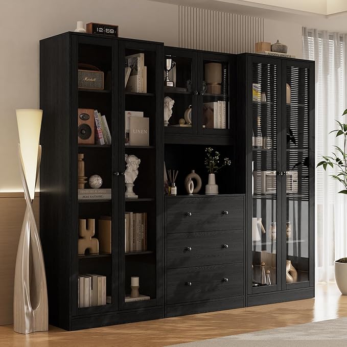 VOWNER 4PCS Bookshelf and Bookcase, 5-Tier Modern Bookshelves with 3 Large Drawer, Glass Display Cabinet with Lager Storage Shelf, Combination Storage Shelves for Home Office (Black)