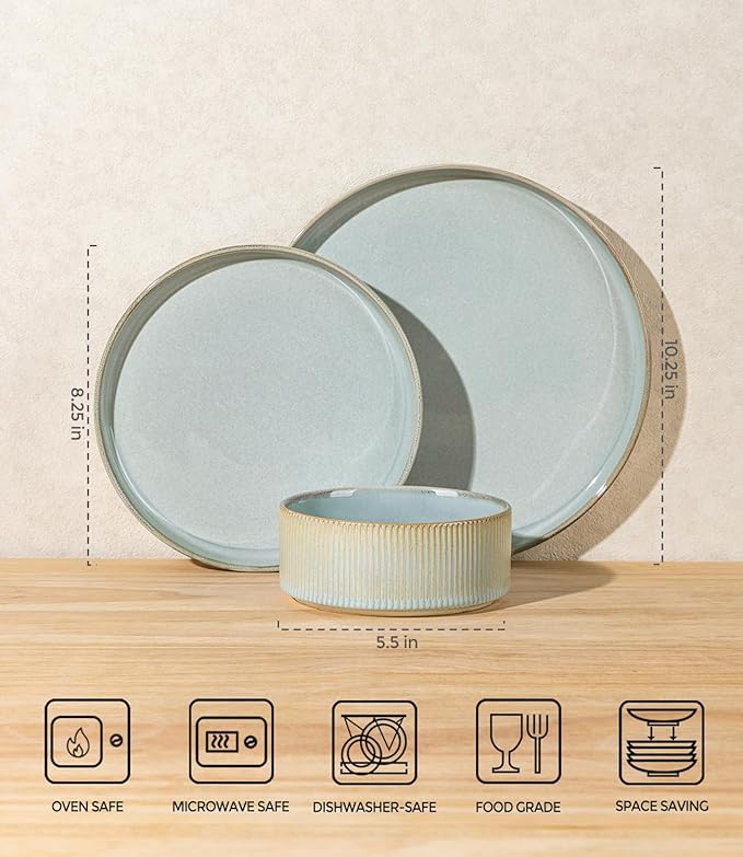 TheTerra Ceramic Dinnerware Sets for 4, 12 Pieces Porcelain Lightweight Speckled Plates and Bowls Sets, Scratch Resistant Dish Set, Oven & Microwave & Dishwasher Safe, Illusion Blue